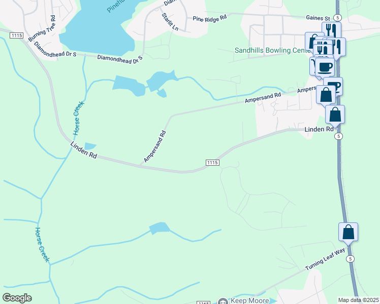 map of restaurants, bars, coffee shops, grocery stores, and more near 2745 Linden Road in Pinehurst