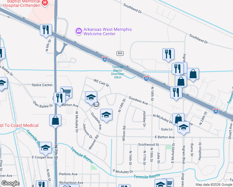 map of restaurants, bars, coffee shops, grocery stores, and more near 1307 Goodwin Avenue in West Memphis