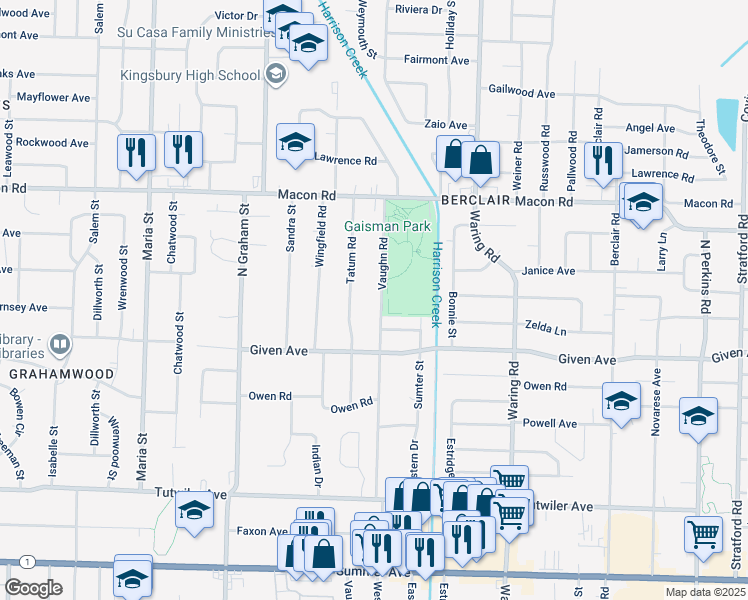 map of restaurants, bars, coffee shops, grocery stores, and more near 989 Vaughn Road in Memphis
