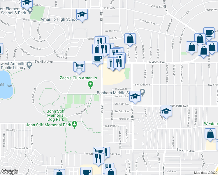 map of restaurants, bars, coffee shops, grocery stores, and more near 4707 Bell Street in Amarillo
