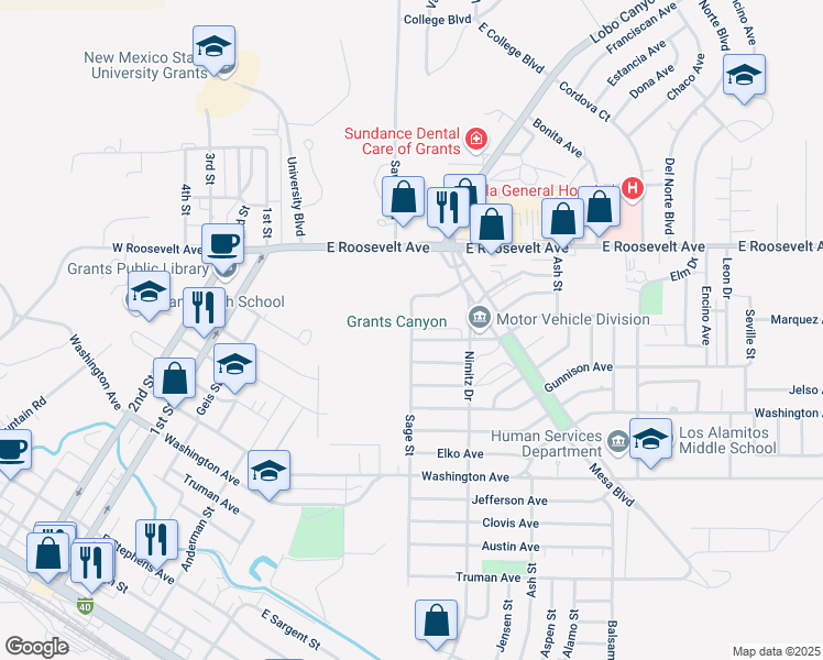 map of restaurants, bars, coffee shops, grocery stores, and more near 604 Kingman Avenue in Grants