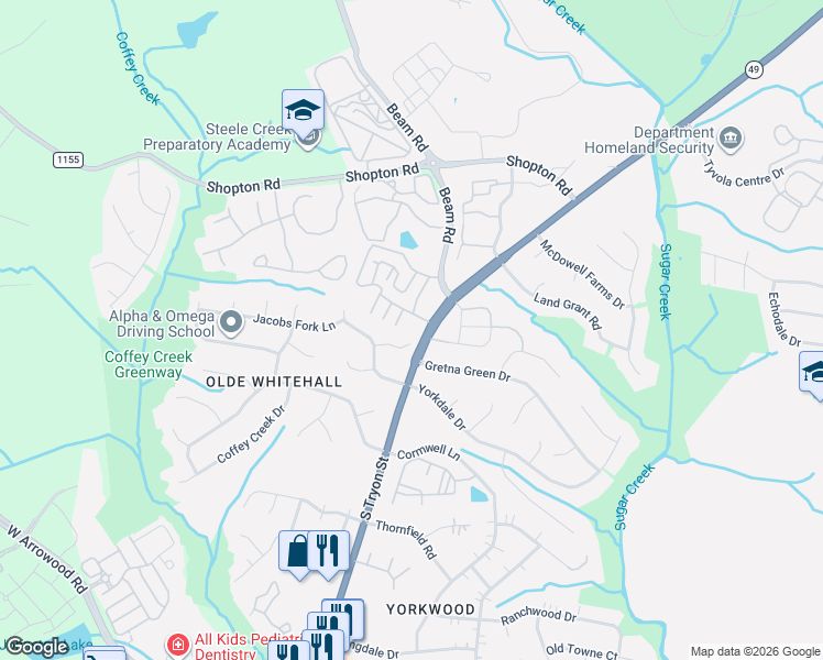 map of restaurants, bars, coffee shops, grocery stores, and more near 7100 Spring Creek Lane in Charlotte