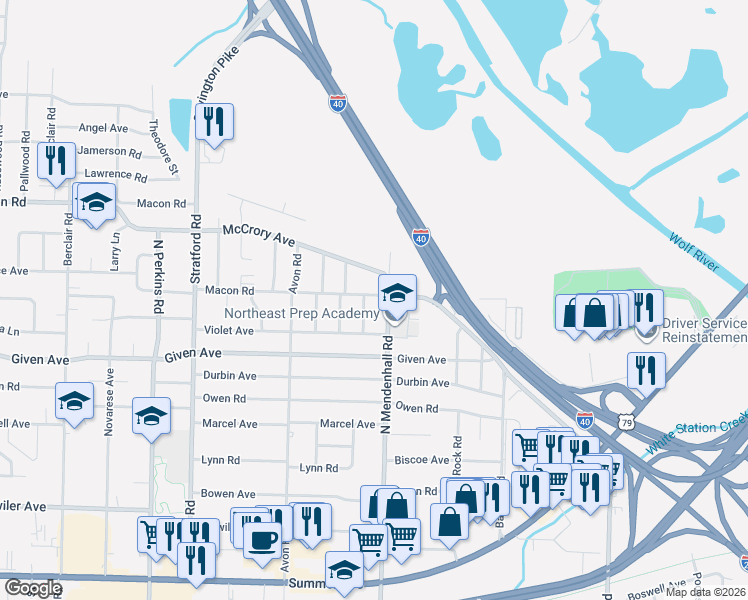 map of restaurants, bars, coffee shops, grocery stores, and more near 4889 Macon Road in Memphis