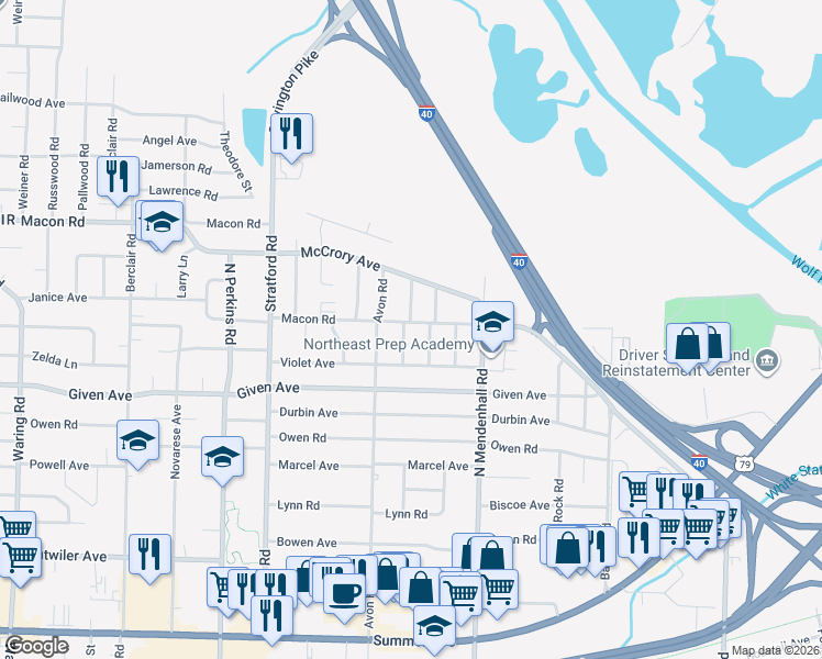 map of restaurants, bars, coffee shops, grocery stores, and more near 4791 Macon Road in Memphis