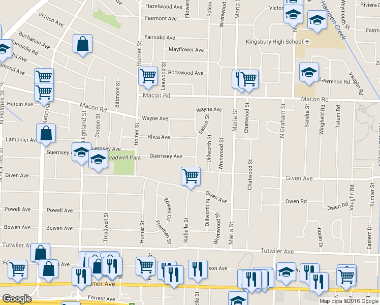 map of restaurants, bars, coffee shops, grocery stores, and more near 3756 Guernsey Avenue in Memphis