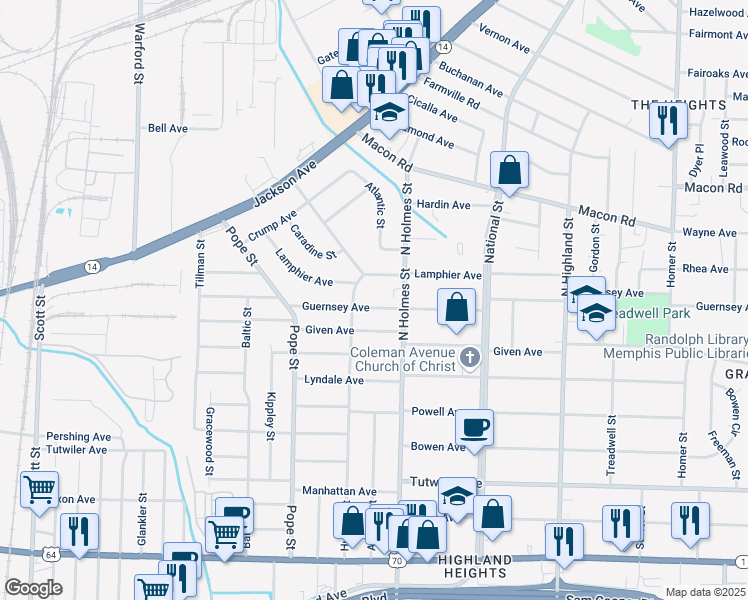 map of restaurants, bars, coffee shops, grocery stores, and more near 3270 Guernsey Avenue in Memphis