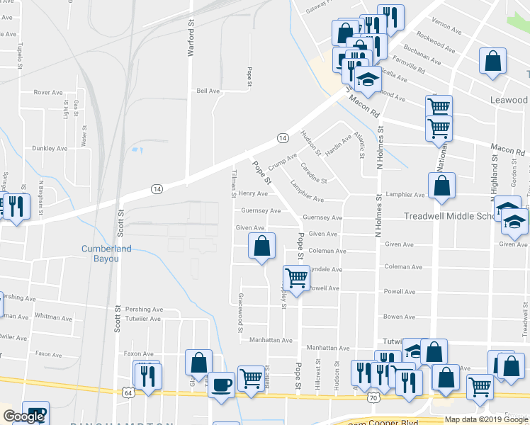 map of restaurants, bars, coffee shops, grocery stores, and more near 3083 Guernsey Avenue in Memphis