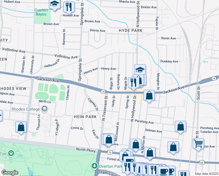 map of restaurants, bars, coffee shops, grocery stores, and more near 828 North Trezevant Street in Memphis
