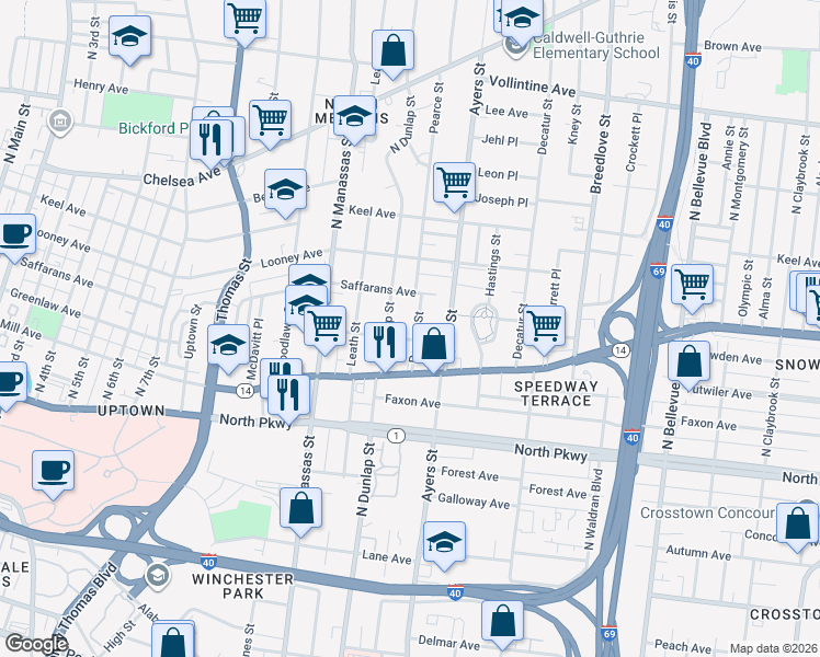 map of restaurants, bars, coffee shops, grocery stores, and more near 660 North Dunlap Street in Memphis