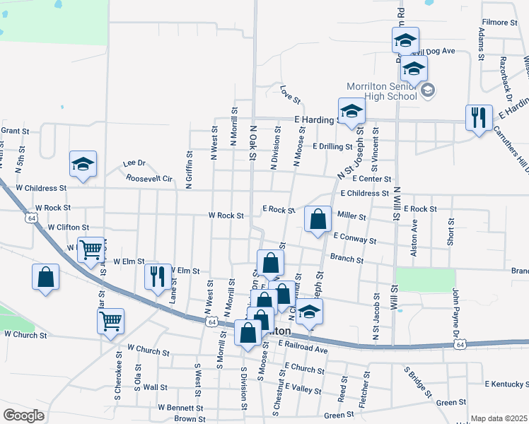map of restaurants, bars, coffee shops, grocery stores, and more near 108 East Rock Street in Morrilton