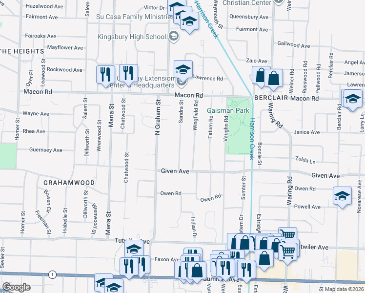 map of restaurants, bars, coffee shops, grocery stores, and more near 986 Sandra Street in Memphis
