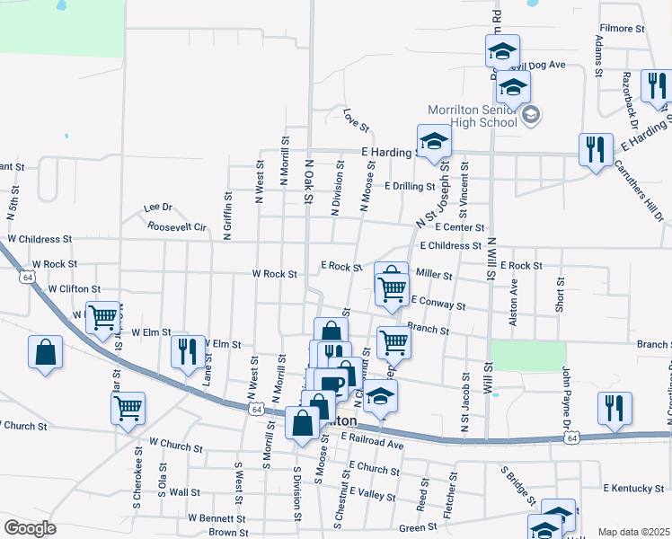 map of restaurants, bars, coffee shops, grocery stores, and more near 108 East Rock Street in Morrilton