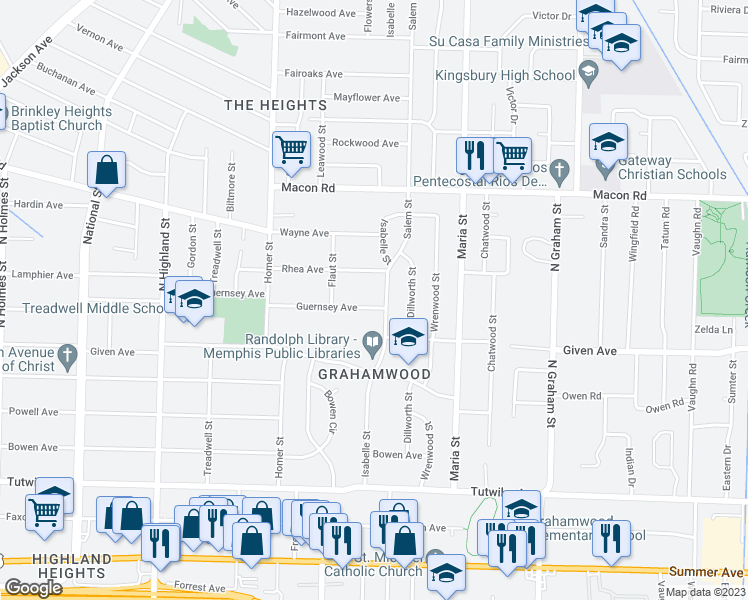 map of restaurants, bars, coffee shops, grocery stores, and more near 3766 Guernsey Avenue in Memphis
