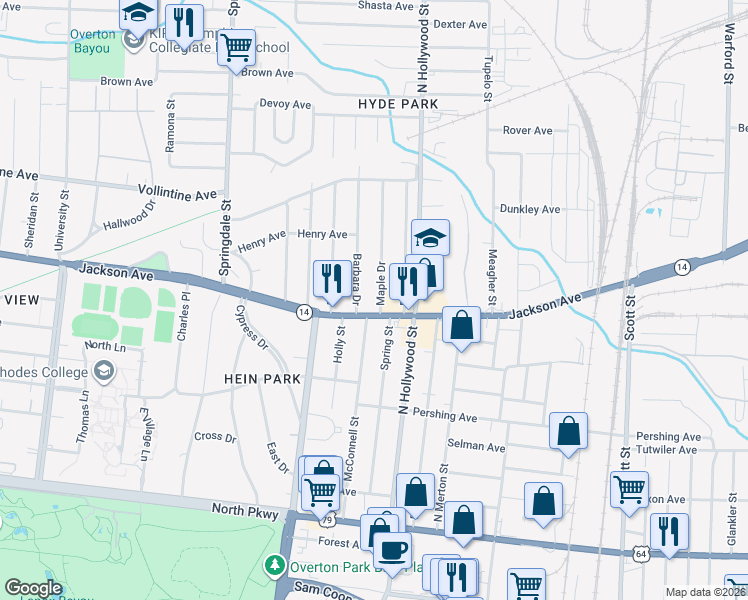 map of restaurants, bars, coffee shops, grocery stores, and more near 837 Maple Drive in Memphis