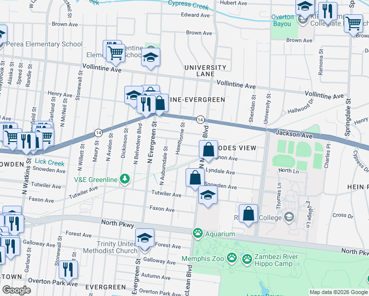 map of restaurants, bars, coffee shops, grocery stores, and more near 1789 Mignon Avenue in Memphis
