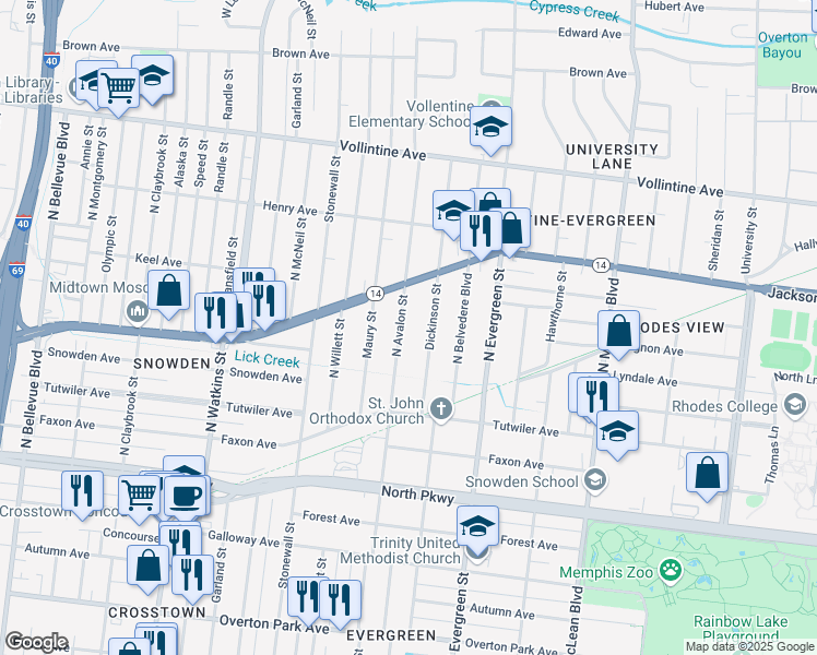 map of restaurants, bars, coffee shops, grocery stores, and more near 740 North Avalon Street in Memphis