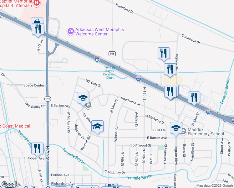 map of restaurants, bars, coffee shops, grocery stores, and more near 1594 Goodwin Avenue in West Memphis