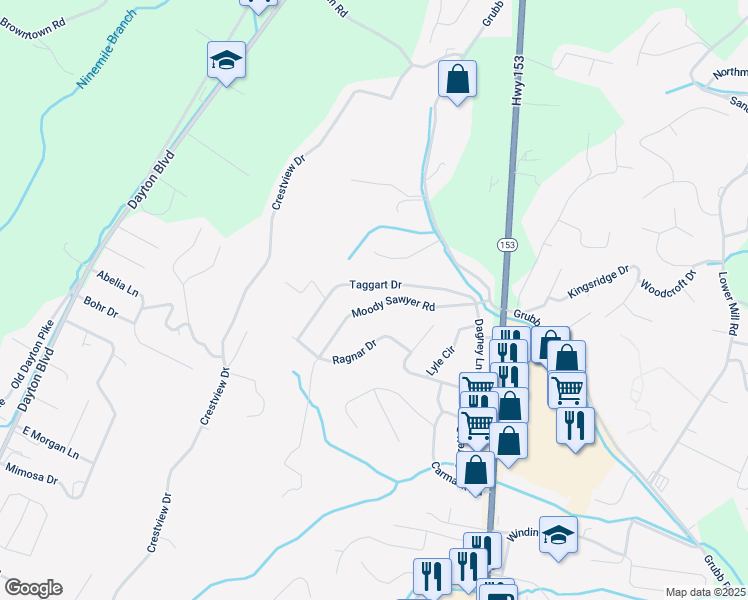map of restaurants, bars, coffee shops, grocery stores, and more near 5725 Moody Sawyer Road in Chattanooga