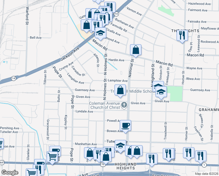 map of restaurants, bars, coffee shops, grocery stores, and more near 3310 Guernsey Avenue in Memphis