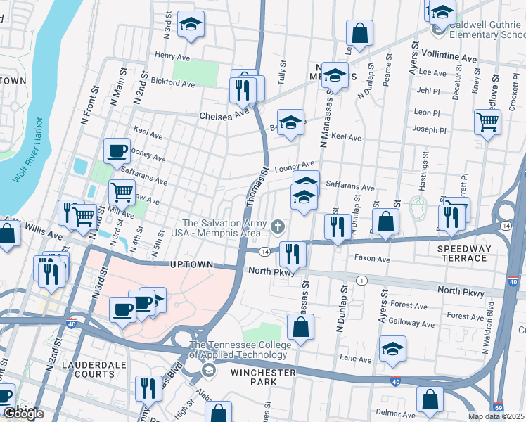 map of restaurants, bars, coffee shops, grocery stores, and more near 630 Peyton Circle in Memphis