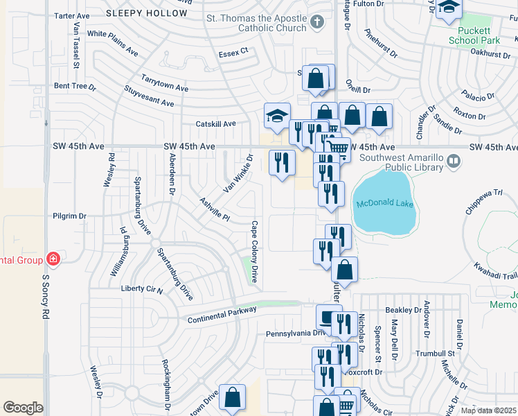 map of restaurants, bars, coffee shops, grocery stores, and more near 4615 Cape Colony Dr in Amarillo