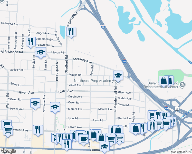 map of restaurants, bars, coffee shops, grocery stores, and more near 4791 Macon Road in Memphis