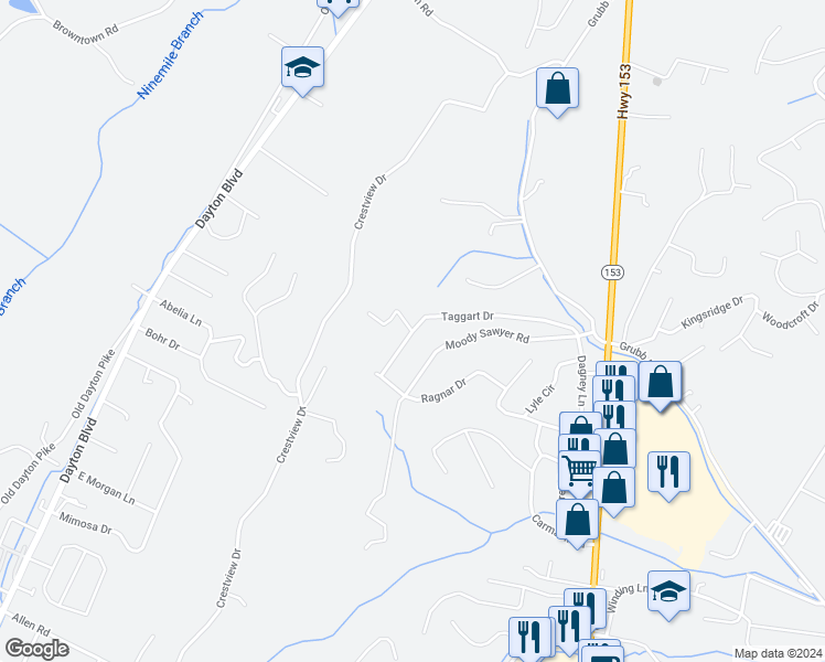 map of restaurants, bars, coffee shops, grocery stores, and more near 5748 Taggart Drive in Chattanooga