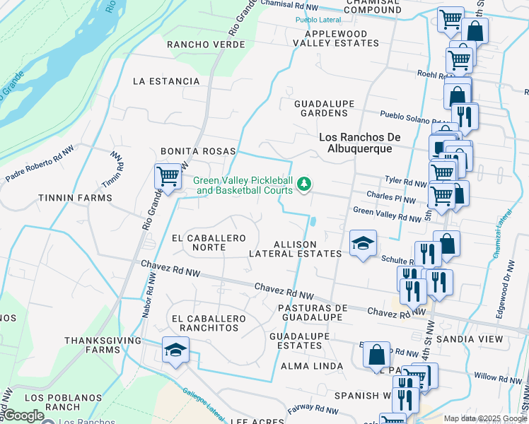 map of restaurants, bars, coffee shops, grocery stores, and more near 815 El Alhambra Circle Northwest in Los Ranchos de Albuquerque