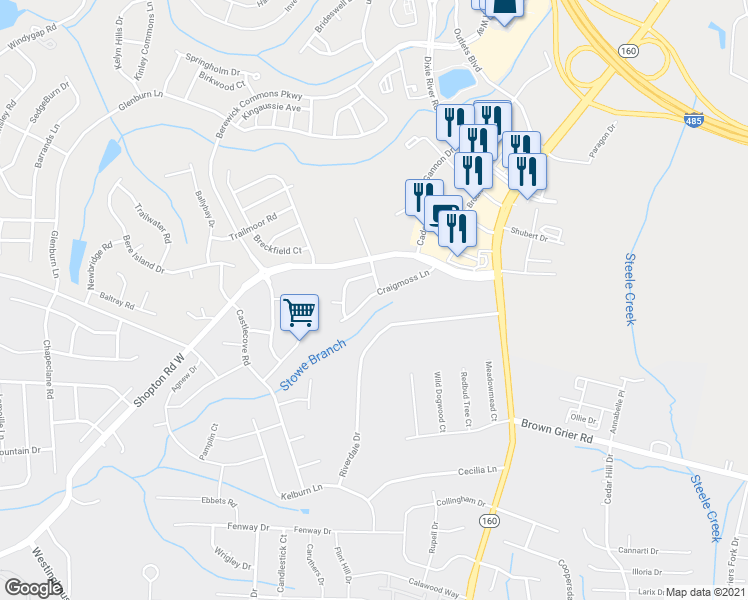 map of restaurants, bars, coffee shops, grocery stores, and more near 4725 Craigmoss Lane in Charlotte