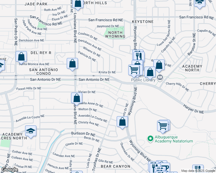 map of restaurants, bars, coffee shops, grocery stores, and more near 7327 Natalie Janae Ln NE in Albuquerque