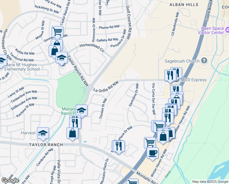 map of restaurants, bars, coffee shops, grocery stores, and more near 6324 Thicket Street Northwest in Albuquerque