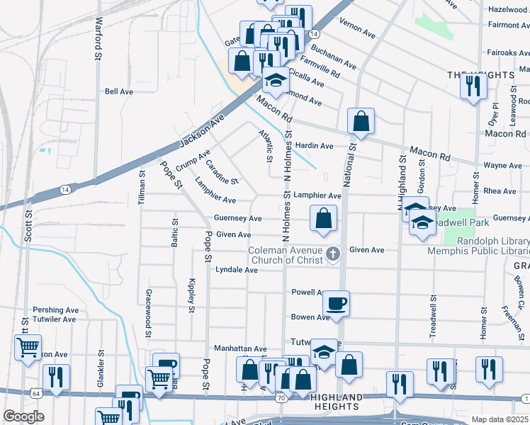 map of restaurants, bars, coffee shops, grocery stores, and more near 3270 Guernsey Avenue in Memphis