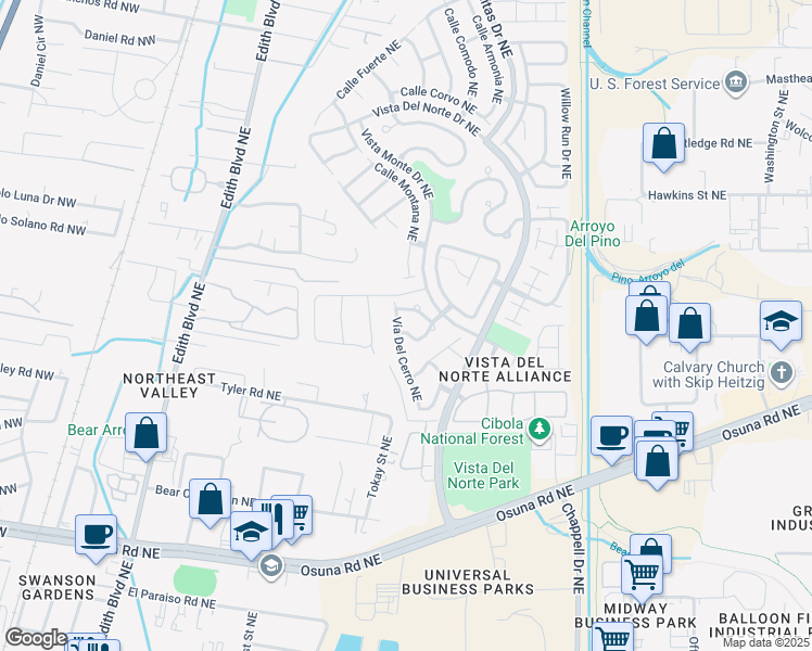 map of restaurants, bars, coffee shops, grocery stores, and more near 1001 Vía Chamisa Northeast in Albuquerque