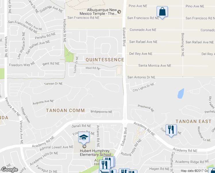 map of restaurants, bars, coffee shops, grocery stores, and more near 10157 Masters Drive Northeast in Albuquerque