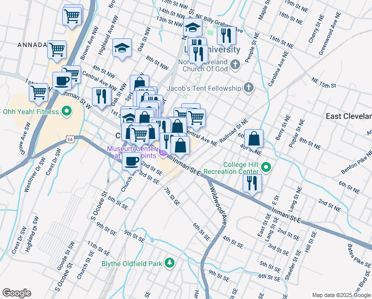 map of restaurants, bars, coffee shops, grocery stores, and more near 240 1st Street Northeast in Cleveland