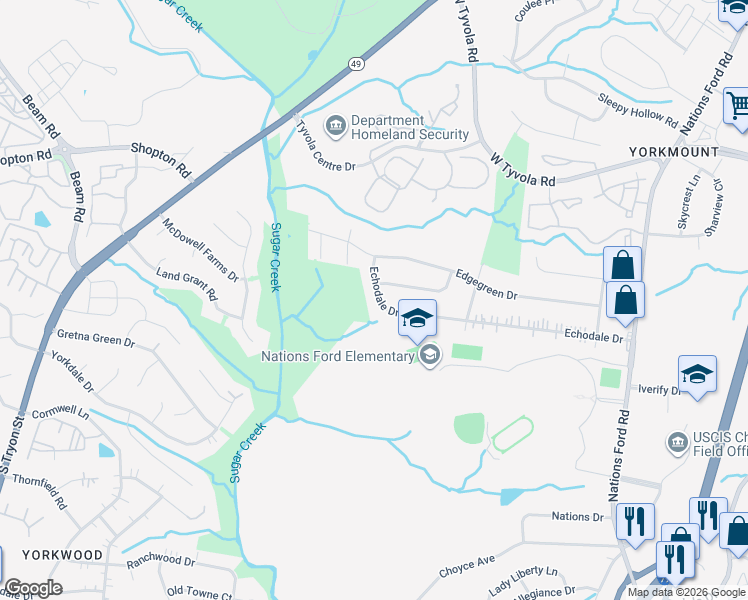 map of restaurants, bars, coffee shops, grocery stores, and more near 723 Echodale Drive in Charlotte