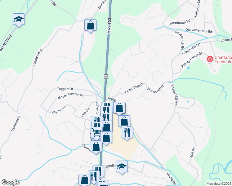 map of restaurants, bars, coffee shops, grocery stores, and more near 6203 Glenridge Lane in Chattanooga