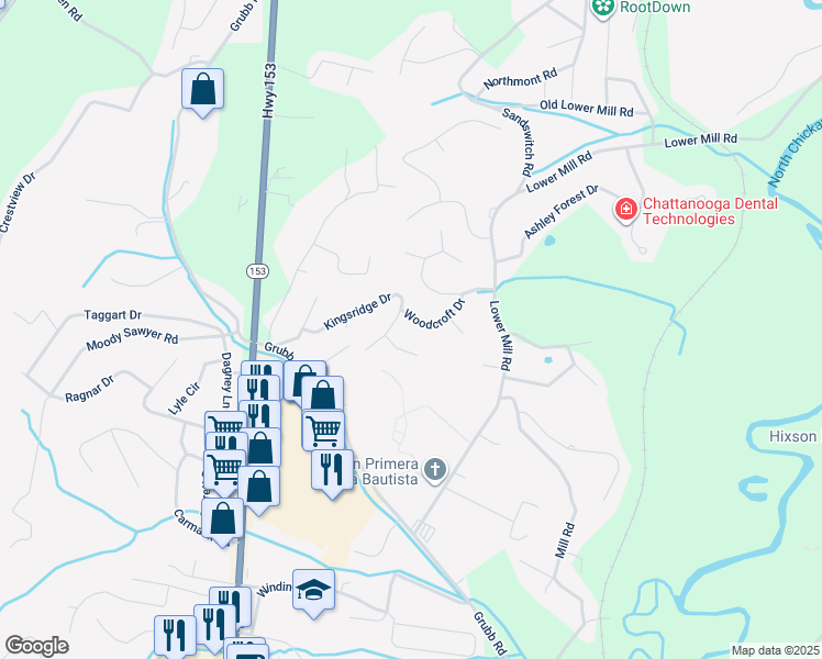 map of restaurants, bars, coffee shops, grocery stores, and more near 504 Woodcroft Drive in Chattanooga