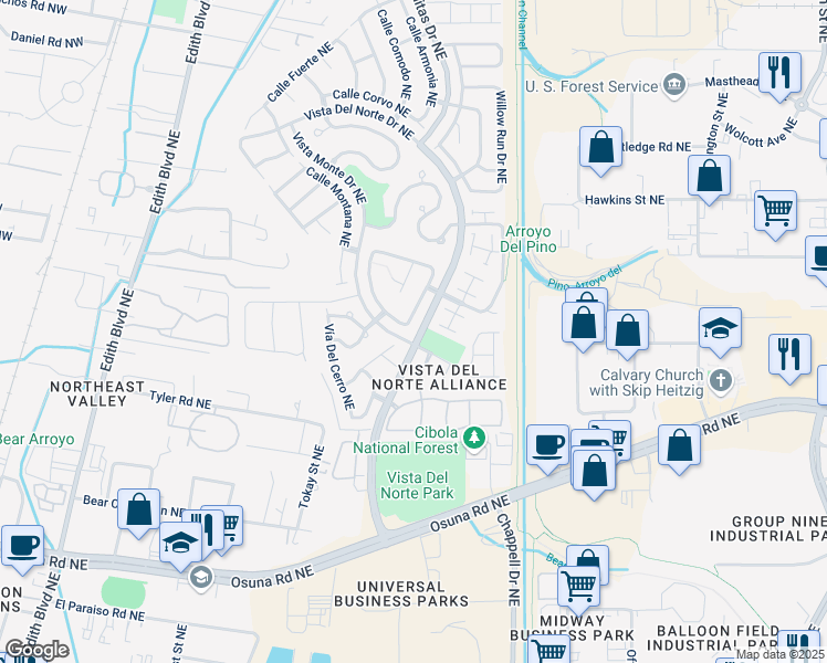 map of restaurants, bars, coffee shops, grocery stores, and more near 7000 Casa Elena Drive Northeast in Albuquerque
