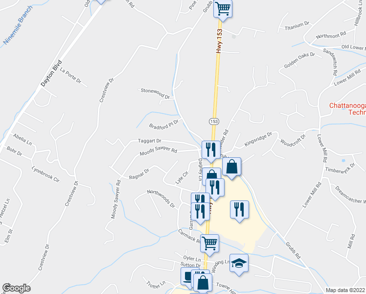 map of restaurants, bars, coffee shops, grocery stores, and more near 5778 Taggart Drive in Chattanooga