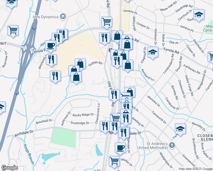 map of restaurants, bars, coffee shops, grocery stores, and more near 6026 Old Pineville Road in Charlotte