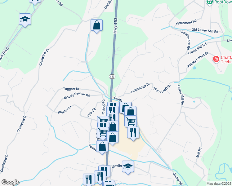 map of restaurants, bars, coffee shops, grocery stores, and more near 5702b Wilder Road in Chattanooga