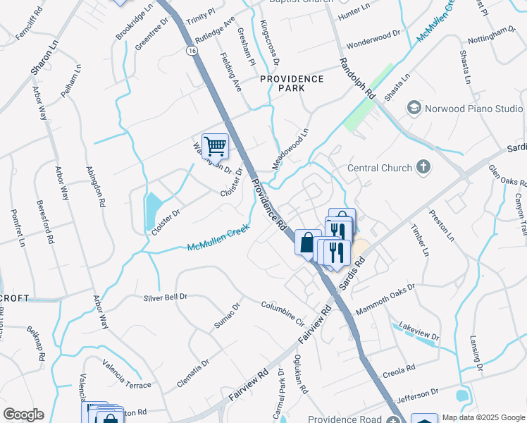 map of restaurants, bars, coffee shops, grocery stores, and more near 4050 Providence Road in Charlotte