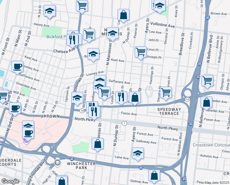 map of restaurants, bars, coffee shops, grocery stores, and more near 660 Leath Street in Memphis