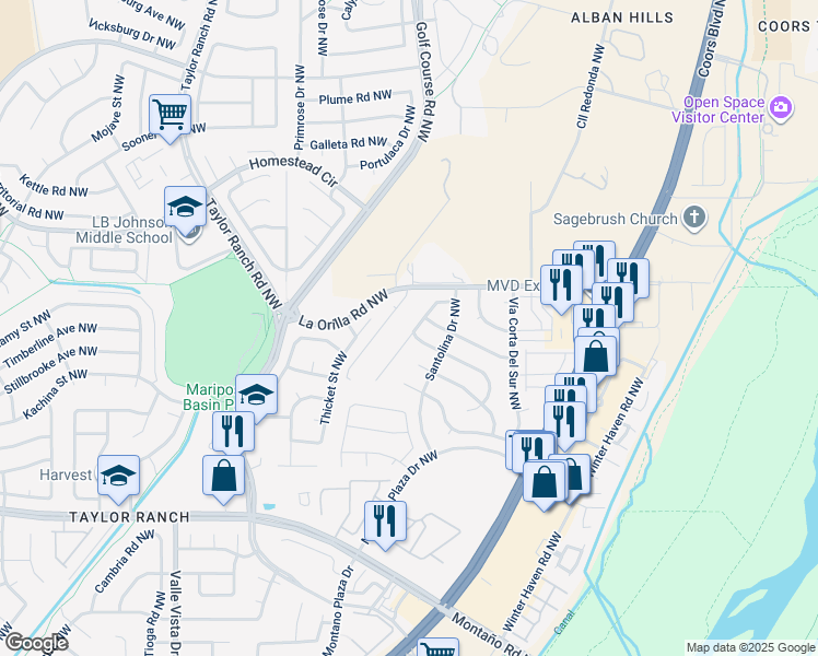 map of restaurants, bars, coffee shops, grocery stores, and more near 6321 Prairie Sage Drive Northwest in Albuquerque