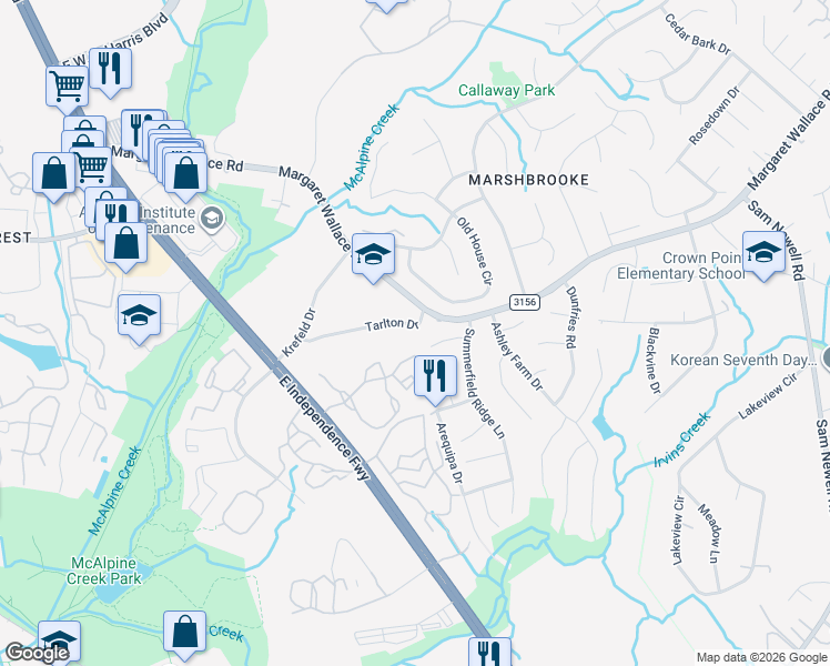 map of restaurants, bars, coffee shops, grocery stores, and more near 2308 Tarlton Drive in Matthews