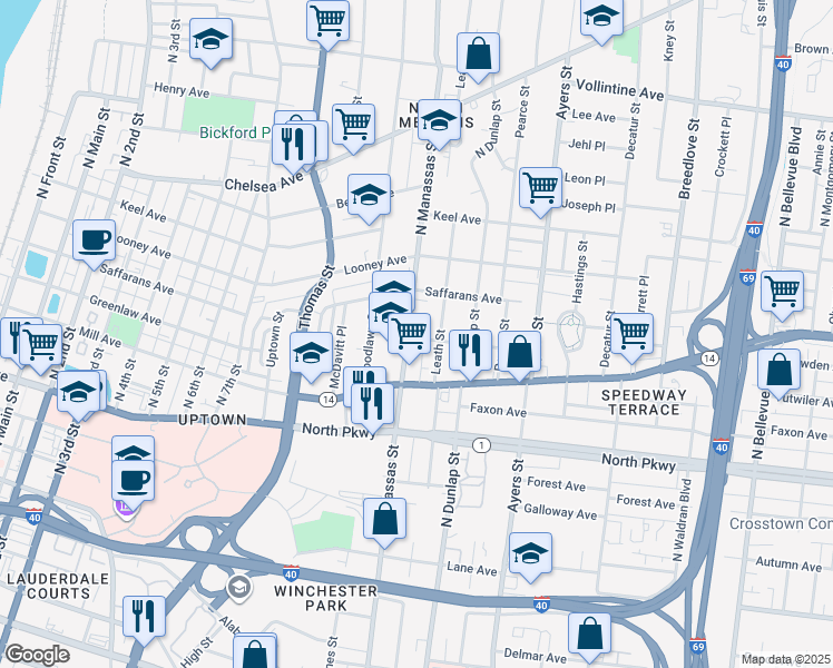 map of restaurants, bars, coffee shops, grocery stores, and more near 656 North Manassas Street in Memphis