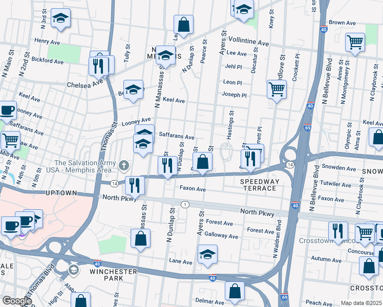 map of restaurants, bars, coffee shops, grocery stores, and more near 660 North Dunlap Street in Memphis