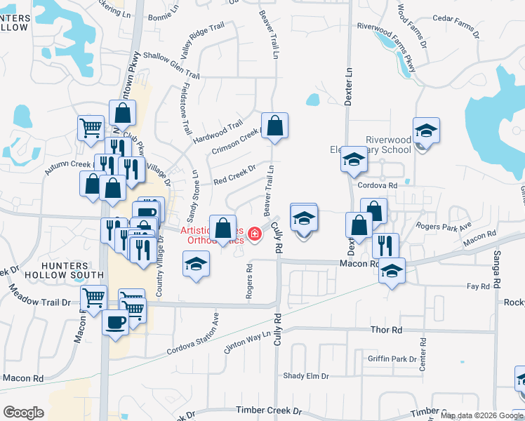 map of restaurants, bars, coffee shops, grocery stores, and more near 1223 Beaver Trail Drive in Memphis
