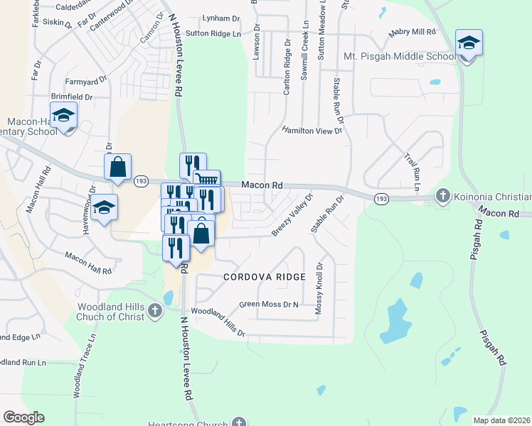 map of restaurants, bars, coffee shops, grocery stores, and more near 10208 Sterling Ridge Drive in Shelby County